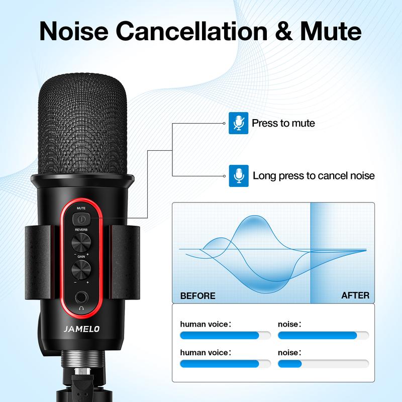 JAMELO RGB Gaming Microphone, Mute Button, Headphone Output, Volume Control, USB Computer Condenser Mic for PC Laptop Phone PS4 5, Plug and Play, for Streaming, Podcast, Studio Recording, for Music Lovers Boys Girls Friends Gift