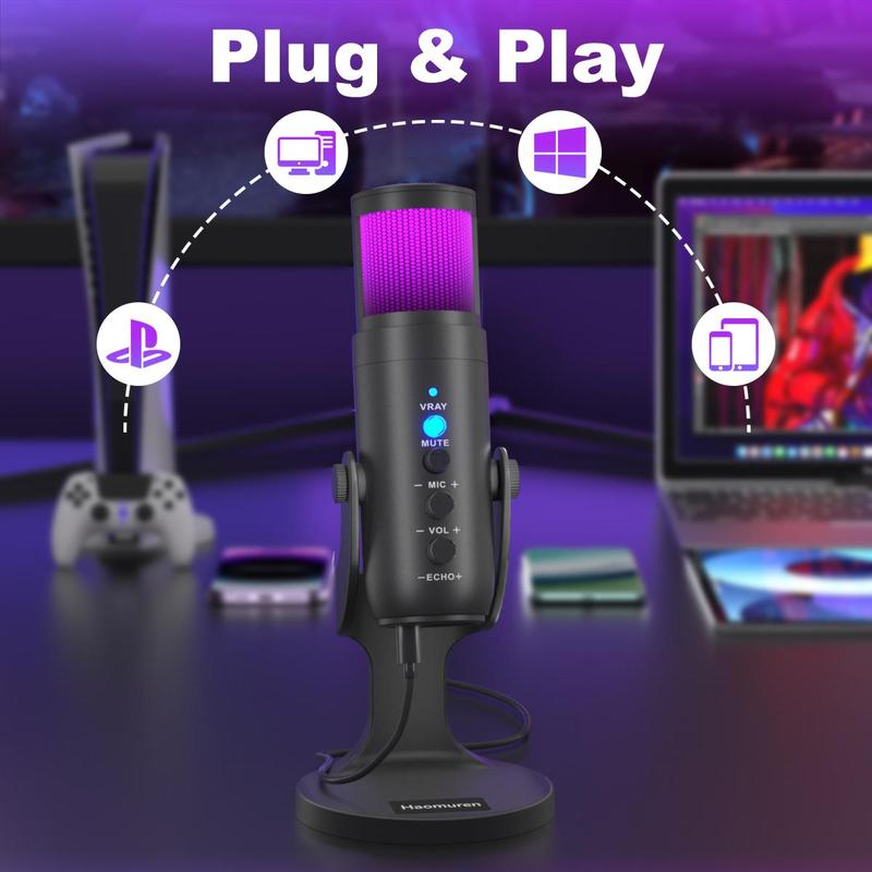 Haomuren USB Powered Microphone, Mini Microphones with Adjustable Brilliant RGB Light, Plug & Play Microphone with Adapter for Recording, Gaming, Meeting, Noise Reduction Microphone for iPhone (XBOX not Supported), Men Gifts