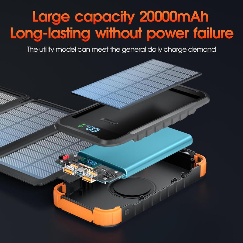 20000mAh Solar Powered Power Bank, 1 Count 4 Folding Solar Panels Fast Charging Mobile Power Bank with Dual Bright Lights, Compatible with iPhone, Galaxy, iPad