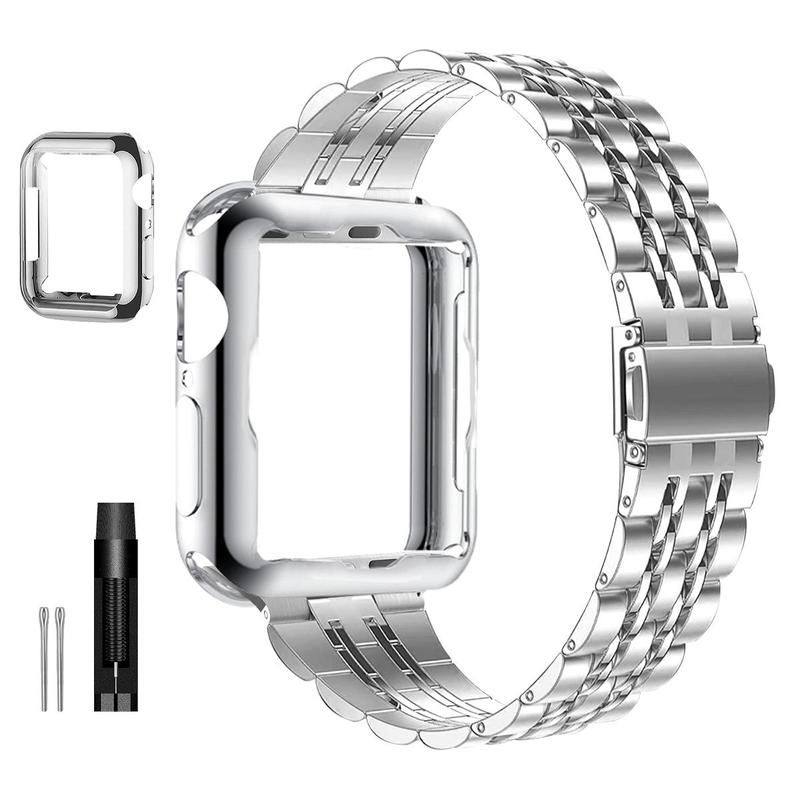 Watch Band with Protective Case, Stainless Steel Watch Band Set, Watch Accessories for Apple Watch 38mm to 49mm, Compatible with iWatch Series 9 8 7 6 5 4 3 2 1 SE SE2