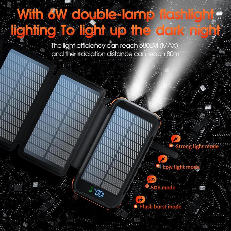 20000mAh Solar Powered Power Bank, 1 Count 4 Folding Solar Panels Fast Charging Mobile Power Bank with Dual Bright Lights, Compatible with iPhone, Galaxy, iPad