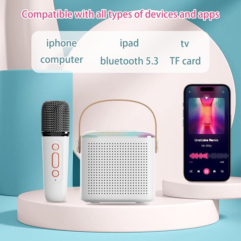 Portable Mini Karaoke Speaker with 2 Microphones, Rechargeable Wireless Outdoor Speaker with RGB Light, 3D Surround Sound Home Singing Karaoke Wireless Outdoor Audio Speaker for Smartphone, PC & More