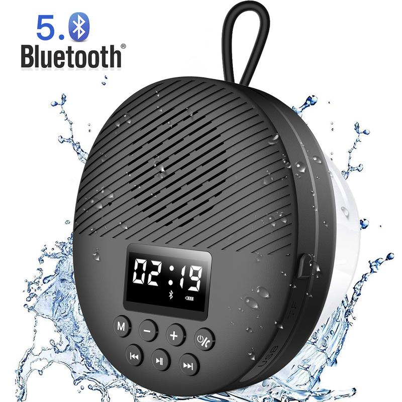 Waterproof Bluetooth Shower Radio Speaker - Wireless FM Radio with Suction Cup, 12H Playtime, LCD Display, Hands-Free Calling & SD Card Slot for Bathroom Use, Black rechargeable speaker Audio Smartphone Controled