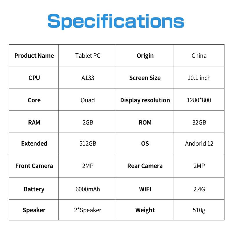 TAB 10 Tablet 10 inch Android 12 Tablet 32GB, Quad-Core 1.6Ghz Processor, 6000mAh, 1280 * 800 HD IPS Display WiFi 6, Dual Camera, Bluetooth, Tablet PC