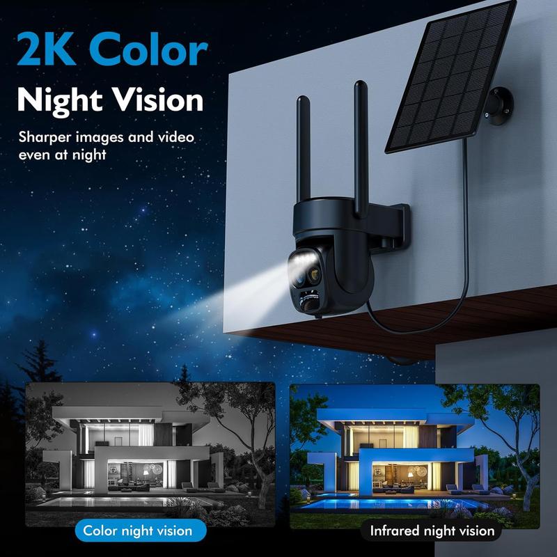 Solar Security Wireless Outdoor Camera,10X Zoom,2K Resolution 360° Pan Tilt Control,WiFi Battery Powered Camera with Spotlight Siren PIR Motion Detection