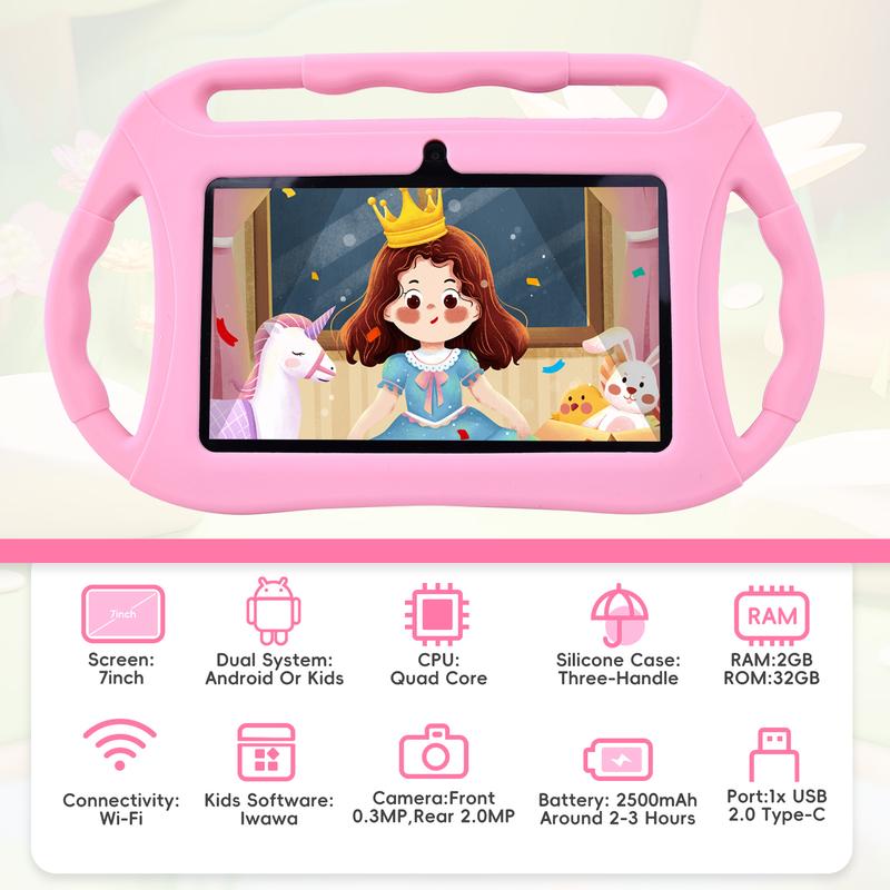 Veidoo Kids Tablet, 7-inch Android Tablet PC, 32GB, IPS Screen, Parental Control, Learning Tablet for Toddlers Handheld Silicone Case, Plastic Card