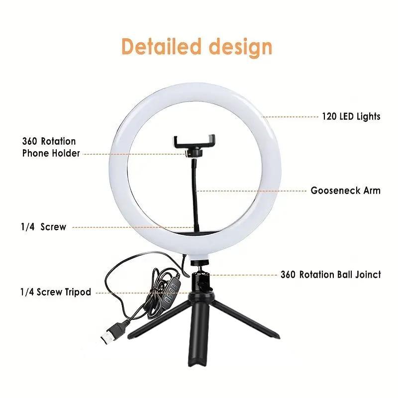 10 Inch LED Ring Light with 360° Adjustable Phone Tripod Stand (1 Box), USB Plug Selfie Ring LED Light with Phone Holder, Professional Selfie Light Kit for YouTube, Video, Photography, Vlog, Makeup