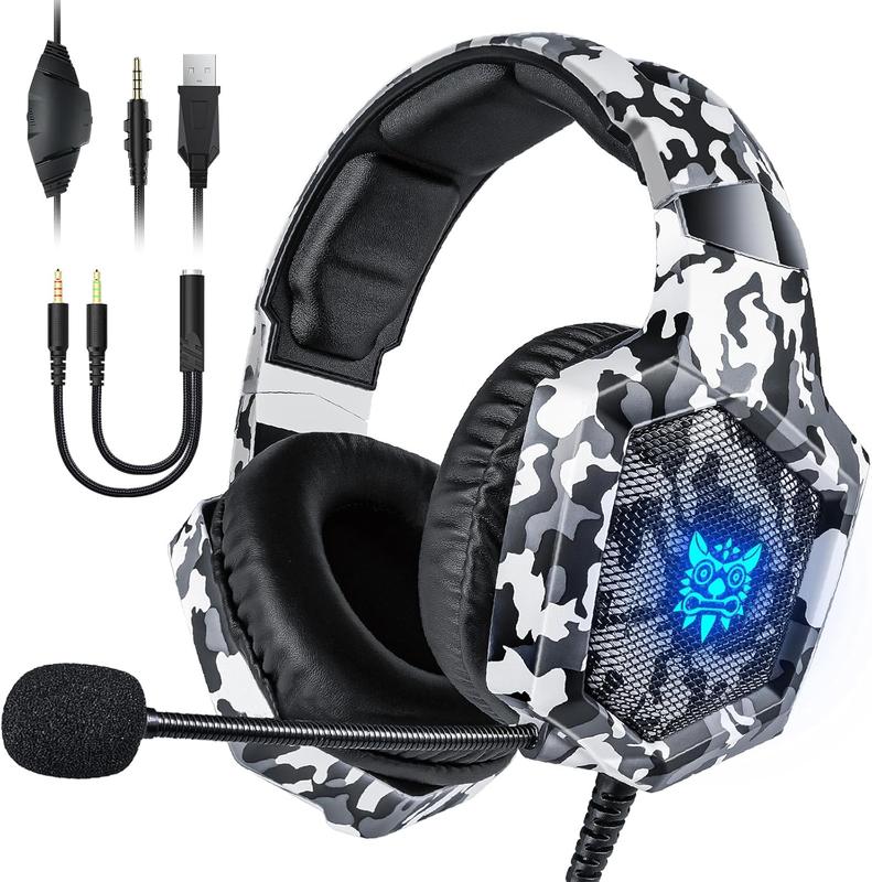 Gaming Headset with Microphone, Gaming Headphones for PS4 PS5  One count with LED Lights,  Headset with Noise Reduction 7.1 Surround Sound Over-Ear and Wired 3.5mm Jack (White)