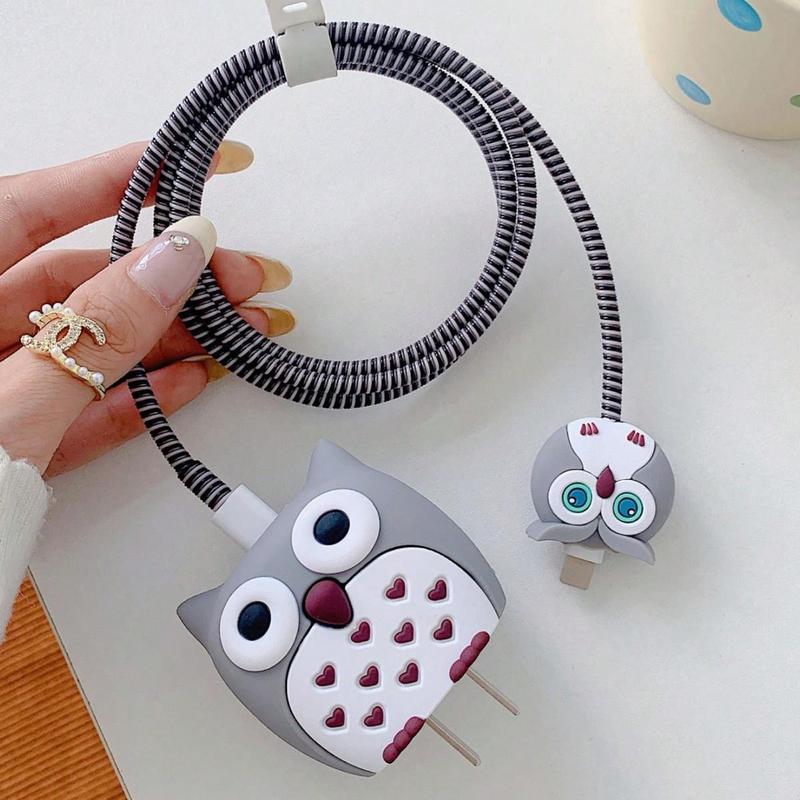 Cute Animal Design Charger & Data Cable Protector Set, Charger Head Protective Cover & Anti-break Data Cable Protector Set for Apple 18W 20W Charger