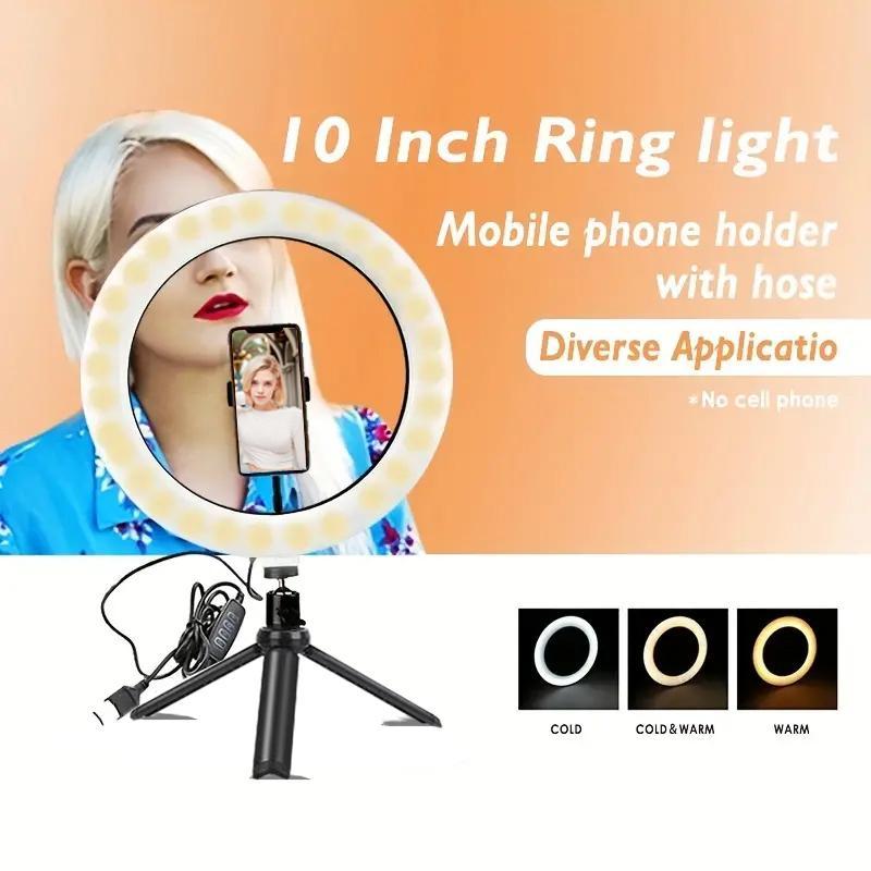 10 Inch LED Ring Light with 360° Adjustable Phone Tripod Stand (1 Box), USB Plug Selfie Ring LED Light with Phone Holder, Professional Selfie Light Kit for YouTube, Video, Photography, Vlog, Makeup