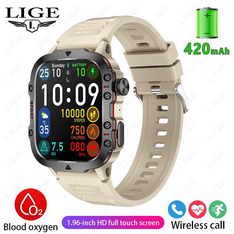 LIGE 2024 Outdoor Military Mens Smartwatch Bluetooth Call Sport Heart Rate Monitor IP68 Waterproof Smart Watches For Android IOS