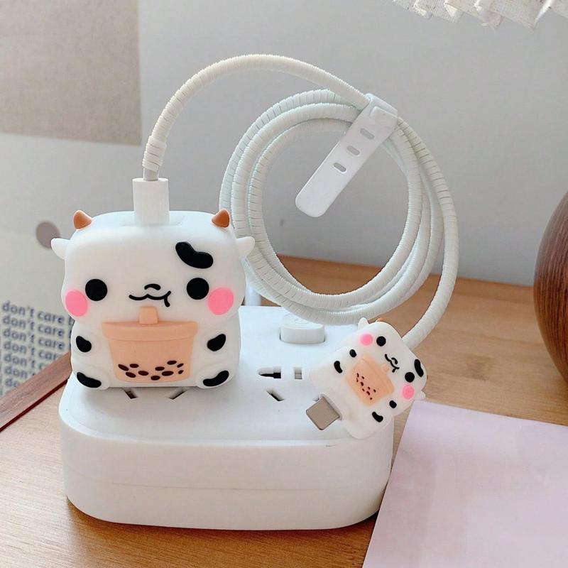 Cute Animal Design Charger & Data Cable Protector Set, Charger Head Protective Cover & Anti-break Data Cable Protector Set for Apple 18W 20W Charger