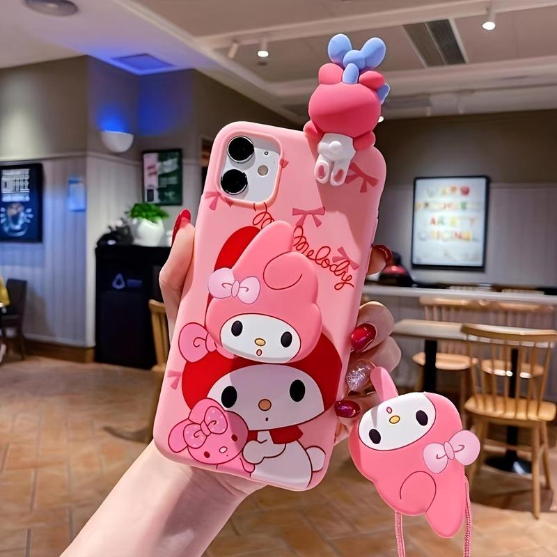 Sanrio Cartoon Pattern Phone Case with Lanyard & Holder, 1 Count Cute Soft TPU Cellphone Protective Case, Shockproof Mobile Phone Cover for iPhone Series