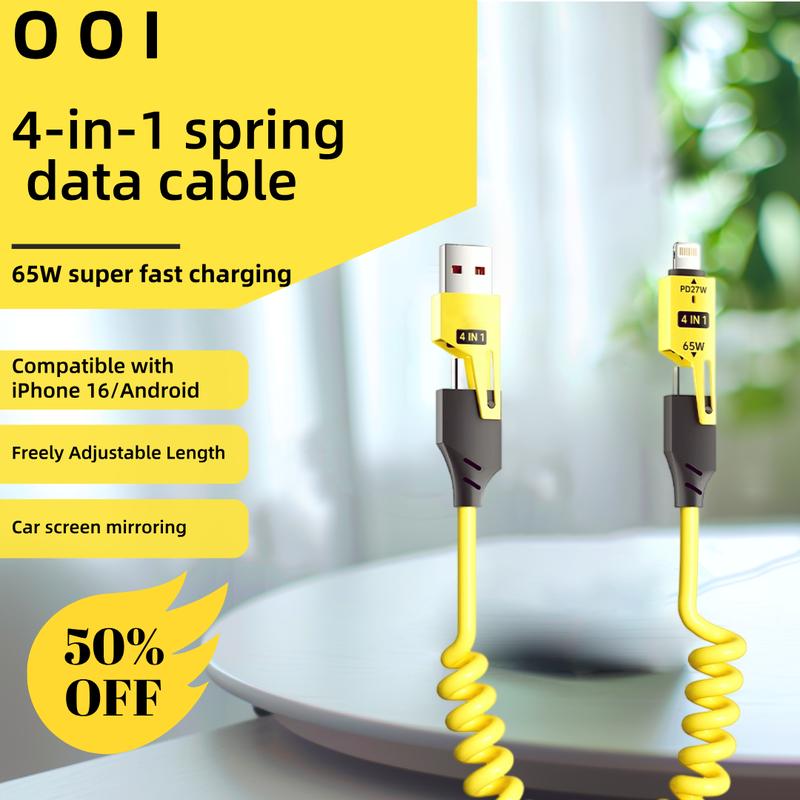 Charging 4 in 1 Coiled USB-C Cable - High-Speed Data Transfer & Charging with USB-A, USB-C, PD & Apple Compatibility for Smartphones Laptops & More Travel-Ready Design