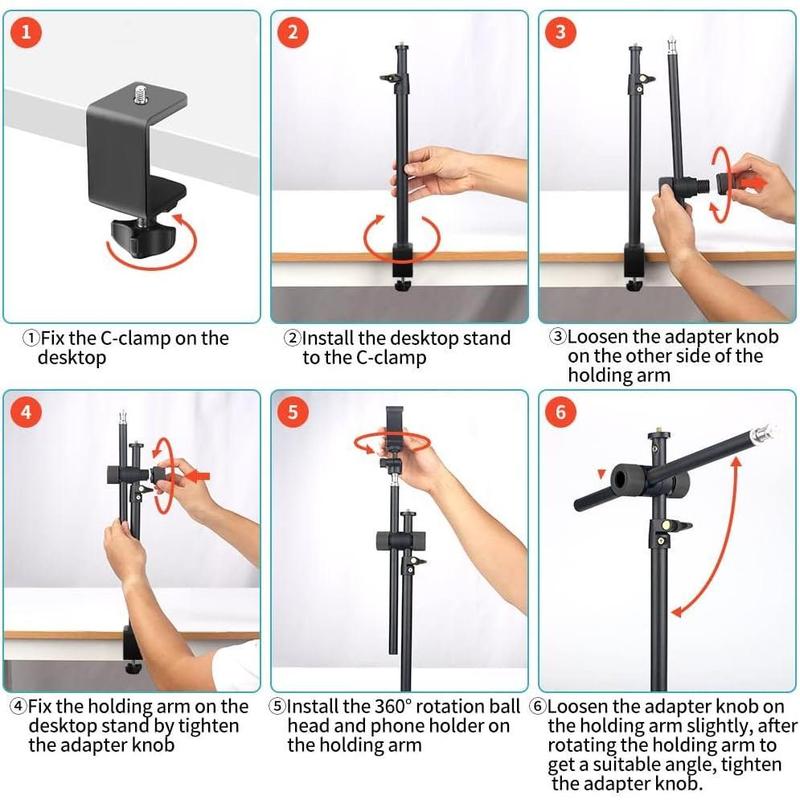 Overhead Camera Mount Desk Stand with 360° Adjustable Holding Arm, Flexible Phone Stand with 360° Ballhead and Phone Mount Holder, Boom Stand for Microphone, Video Light, Webcam, Cell Phone