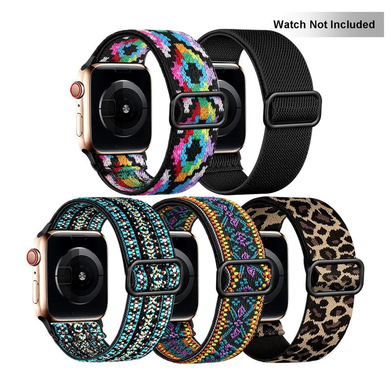 Stretchy Bands (Band Only), 5 Counts Elastic Fabric Woven Nylon Watch Band, Watch Wristband for iWatch SE Series 9 8 7 6 5 4 3 2 1