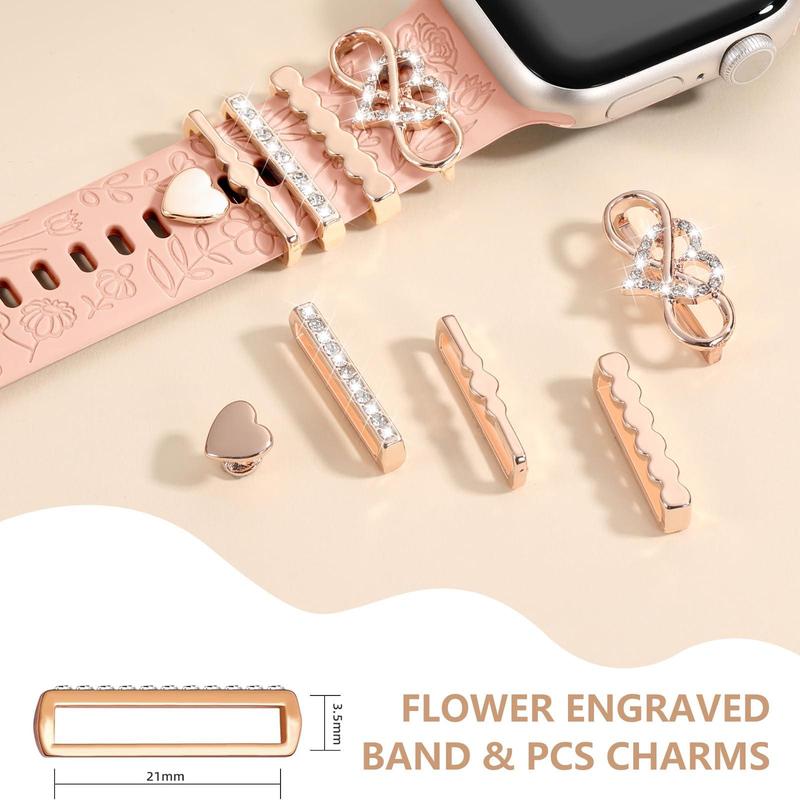 Flower Engraved Design Watch Band with Decorative Charms, 1 Set Smart Watch Accessories Includes Silicone Band & Decorative Charms Compatible with Apple Watch Series 9 8 7 6 5 4 3 2 1 SE for Women & Girls