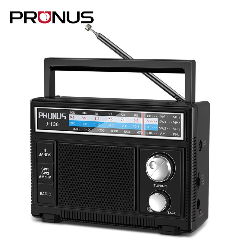 PRUNUS J-136 Portable Radio AM FM, Transistor Radio Battery Operated and Plug in Wall,Loud Speaker Support AUX in and Micphone in, Small Radios Portable AM FM Audio Batteries