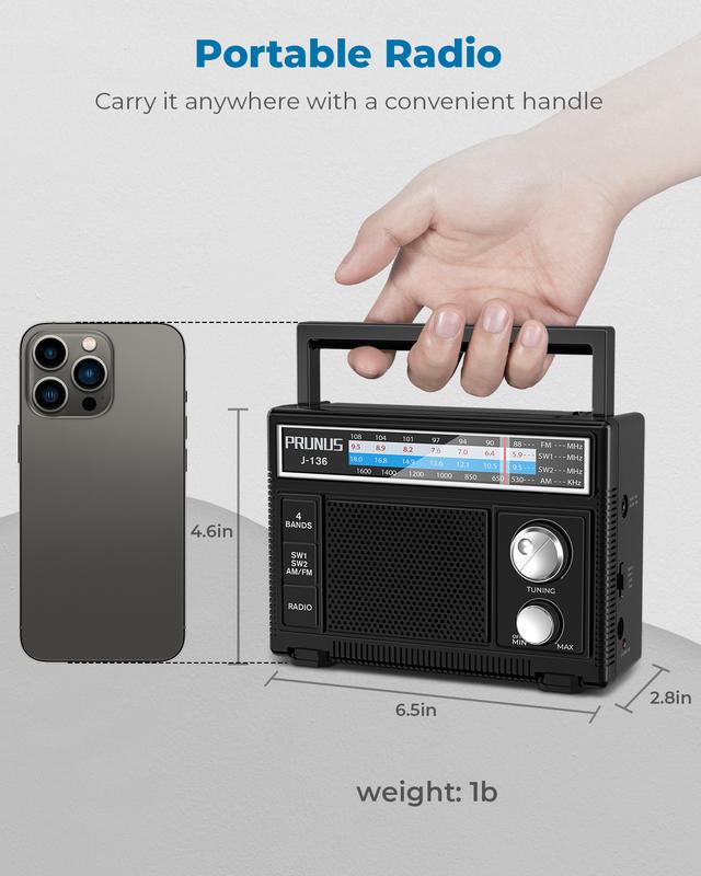 PRUNUS J-136 Portable Radio AM FM, Transistor Radio Battery Operated and Plug in Wall,Loud Speaker Support AUX in and Micphone in, Small Radios Portable AM FM Audio Batteries