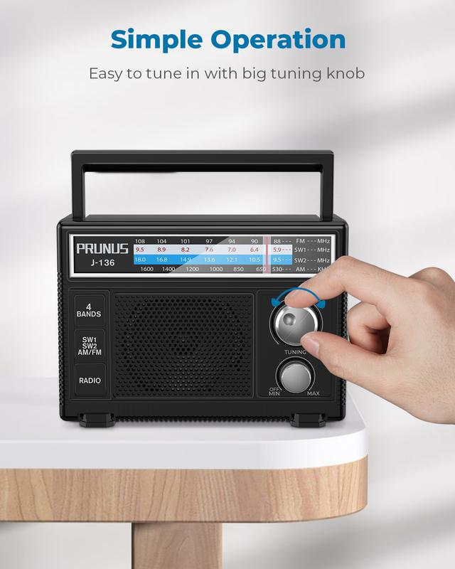 PRUNUS J-136 Portable Radio AM FM, Transistor Radio Battery Operated and Plug in Wall,Loud Speaker Support AUX in and Micphone in, Small Radios Portable AM FM Audio Batteries