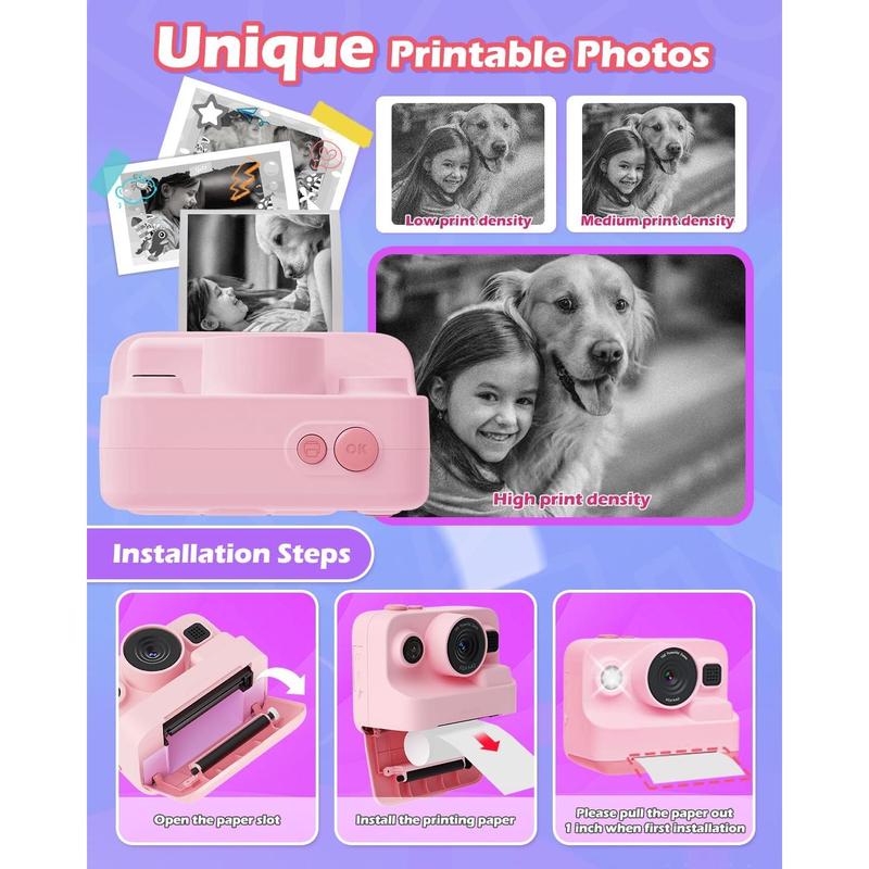 Instant Print Camera for , 2.4 Inch Screen  Camera for Girls with 3 Print Paper, Birthday Gift for Girls Boys  3-12, 1080P Instant Camera Toys for  6 7 8 Year Old Girl Pink