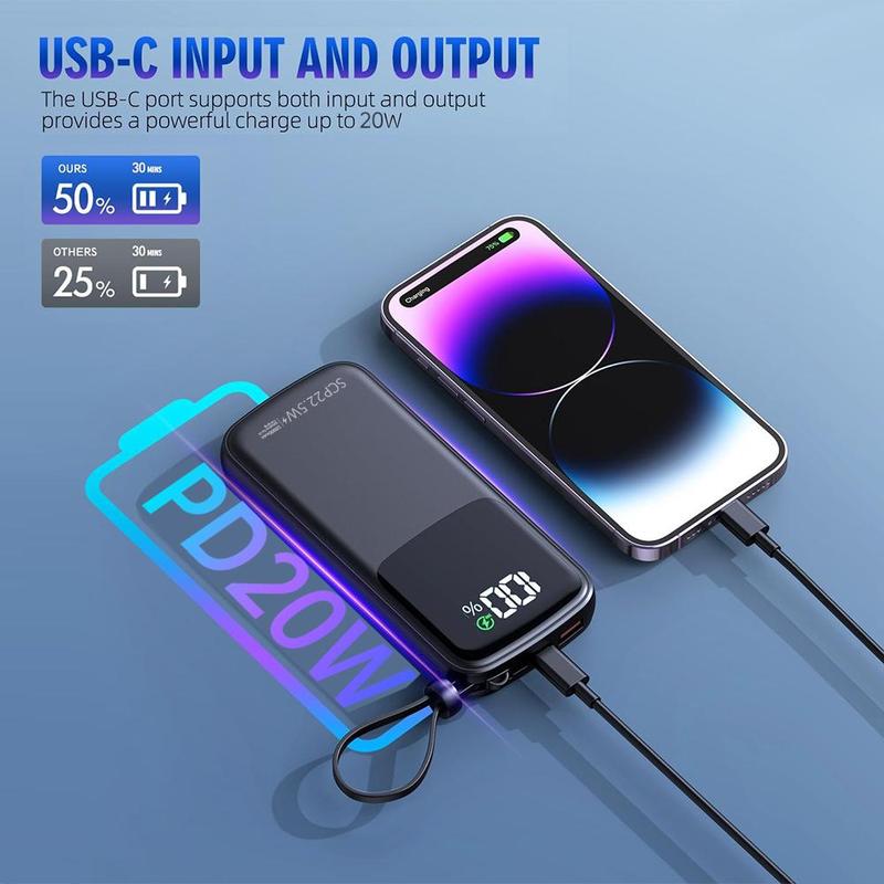 10000mAh Portable Power Bank, PD3.0 QC4.0 22.5W Fast Charging Power Bank, Portable Mobile Phone Charger with LED Digital Display & 2 Cables