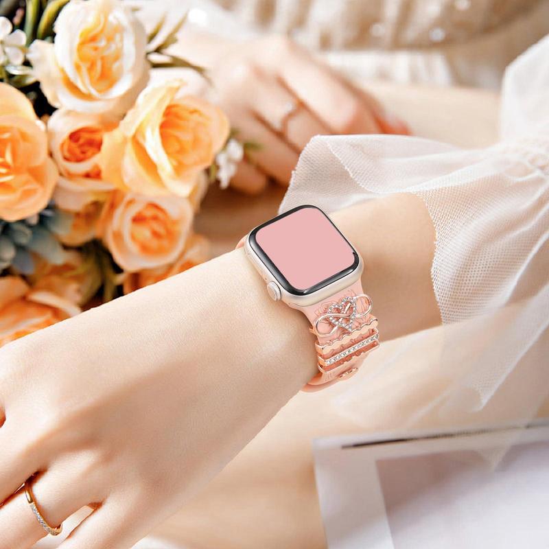 Flower Engraved Design Watch Band with Decorative Charms, 1 Set Smart Watch Accessories Includes Silicone Band & Decorative Charms Compatible with Apple Watch Series 9 8 7 6 5 4 3 2 1 SE for Women & Girls