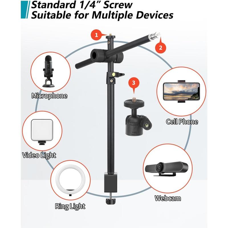 Overhead Camera Mount Desk Stand with 360° Adjustable Holding Arm, Flexible Phone Stand with 360° Ballhead and Phone Mount Holder, Boom Stand for Microphone, Video Light, Webcam, Cell Phone