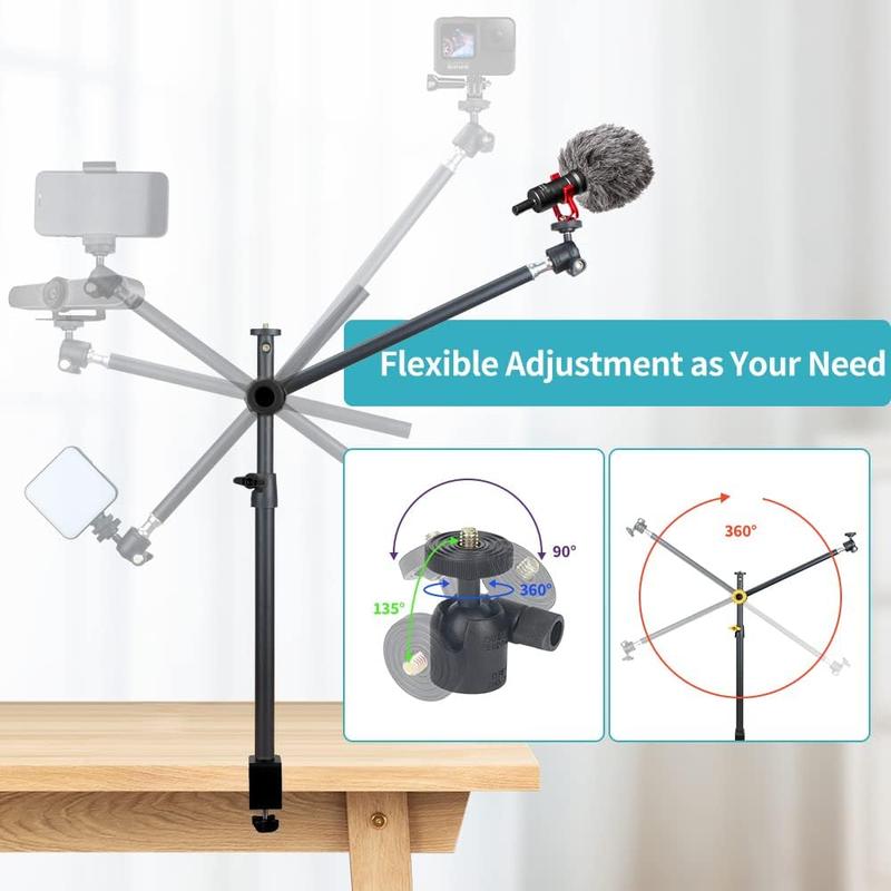 Overhead Camera Mount Desk Stand with 360° Adjustable Holding Arm, Flexible Phone Stand with 360° Ballhead and Phone Mount Holder, Boom Stand for Microphone, Video Light, Webcam, Cell Phone