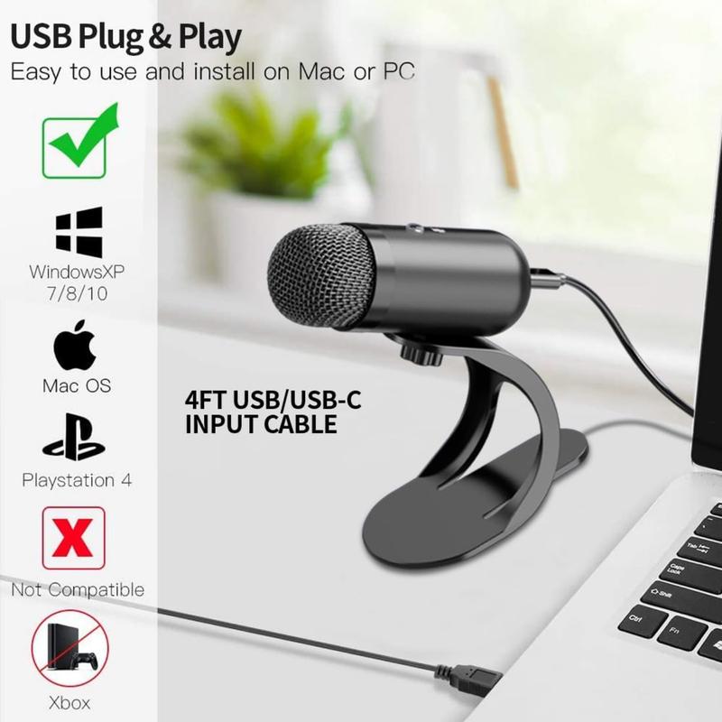 USB Computer Microphone, Podcast Mic Desktop with Mute Button for Recording Streaming, Omnidirectional Condenser, Plug&Play Stand with Volume Control Suitable for PC, Laptop, Mac, YouTube