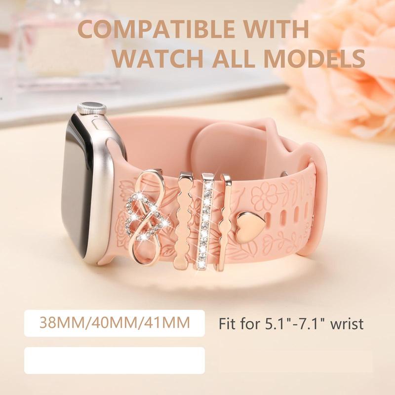 Flower Engraved Design Watch Band with Decorative Charms, 1 Set Smart Watch Accessories Includes Silicone Band & Decorative Charms Compatible with Apple Watch Series 9 8 7 6 5 4 3 2 1 SE for Women & Girls