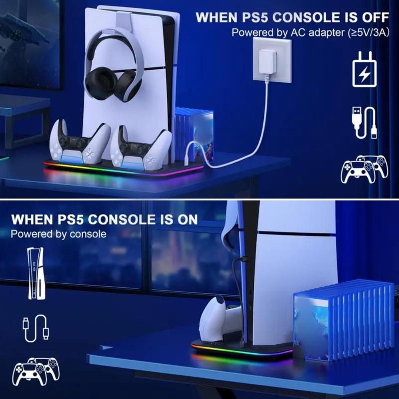 Cooling Stand for PS5 and PS5 Slim, Controller Charging Rack with RGB Indicator, Console Accessories for Playstation 5 Handle