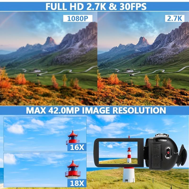 2.7K Camcorder, 48 Megapixel 16x Digital Camcorder, 3.0‘’ 270 Degree Rotating Screen Recorder -  Vlogging Camera with Remote Control and 2 Batteries - For Content Creators & Vloggers - Perfect for Travel & Events