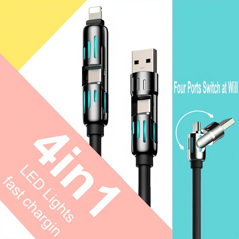 2pcs 4-in-1 Multi USB Charging Cable with LED Lights, Fast Charging Charger Cord, USB A & Type C Connectors, PVC Round Shape, Soft Silicone Material