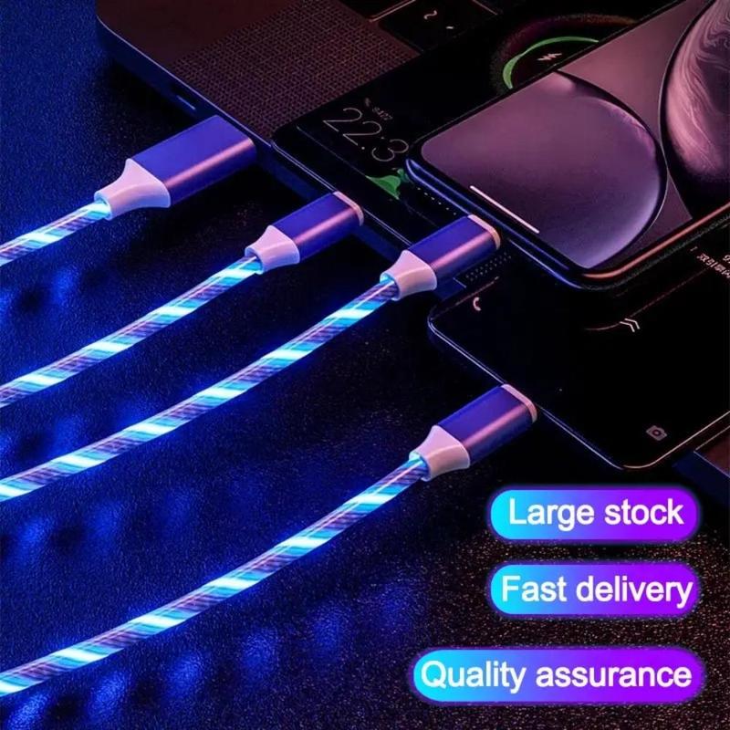 3 In 1 Type-C Data Cable, 12W Fast Charging Data Cable, Portable 3 In 1 Flowing LED Charging Cable