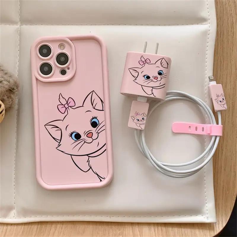 Cute Cat Pattern Phone Case with with Charger Protective Cover (5 Counts set), Phone Protective Cover, Phone Accessories for iPhone 11 12 13 14 15 16