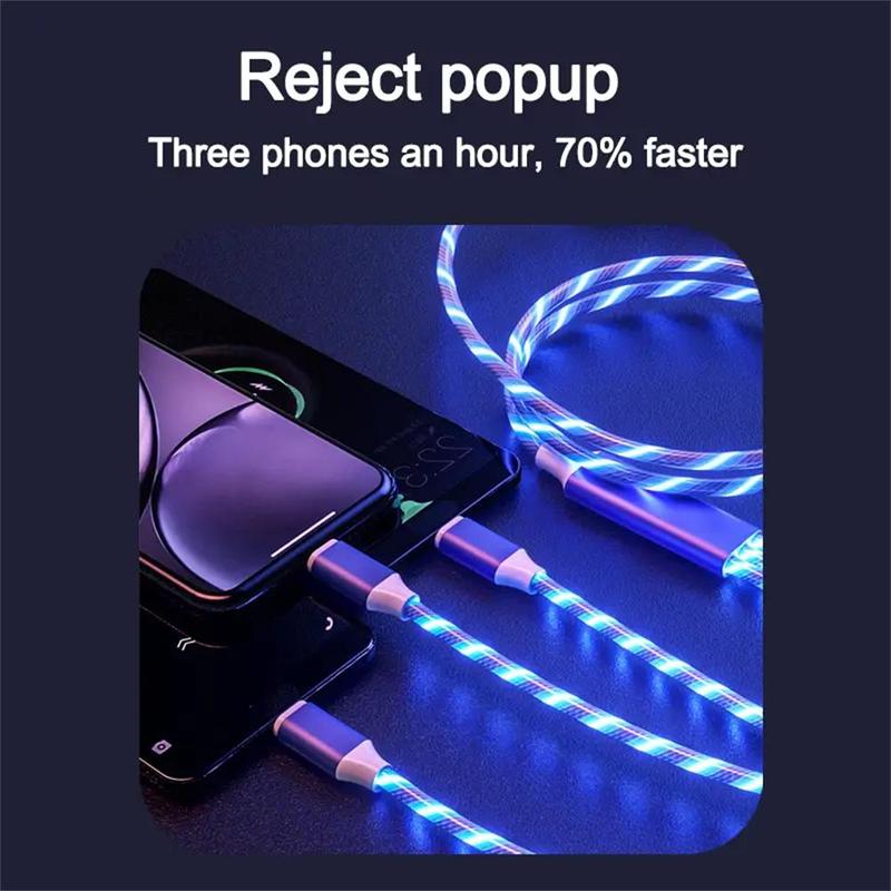 3 In 1 Type-C Data Cable, 12W Fast Charging Data Cable, Portable 3 In 1 Flowing LED Charging Cable