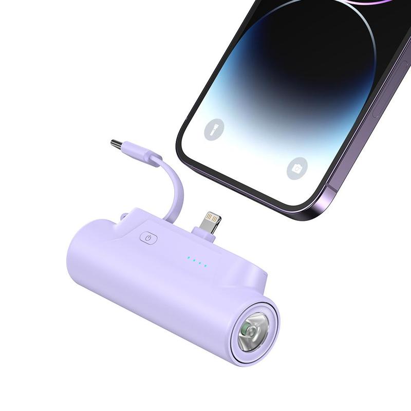 Phone Charger Power Bank, 5000mAh Small Power Bank, 5V 2.4A Fast Charger Power Bank with Built-in Type-C Cable & Flashlight, Mobile Charger with Lanyard