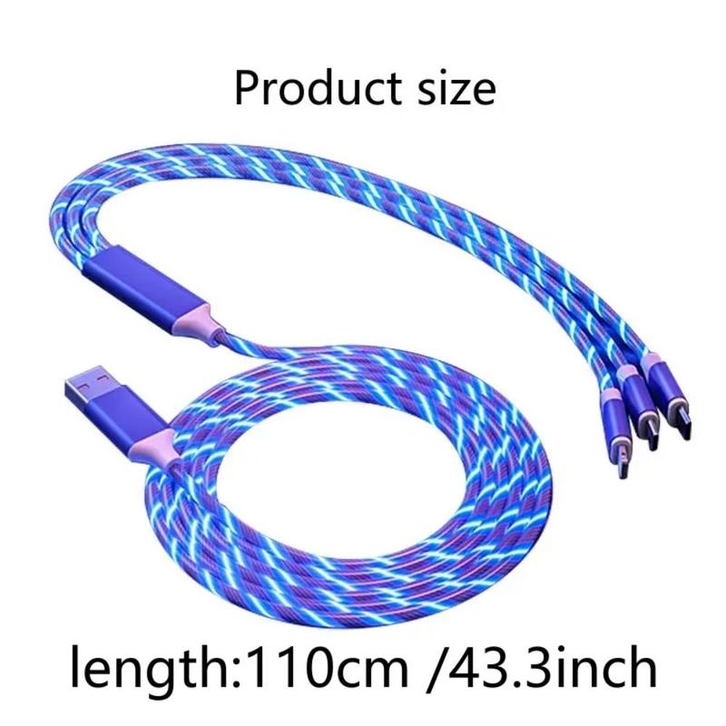 3 In 1 Type-C Data Cable, 12W Fast Charging Data Cable, Portable 3 In 1 Flowing LED Charging Cable