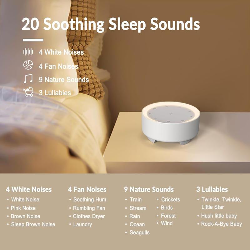 Sound Machine & Night Light for Adults, , . White Noise Machine with 20  Sleep Sounds. Small Size & Portable Design for Bedroom, Office, Travel. Favorites Buttons, Timer