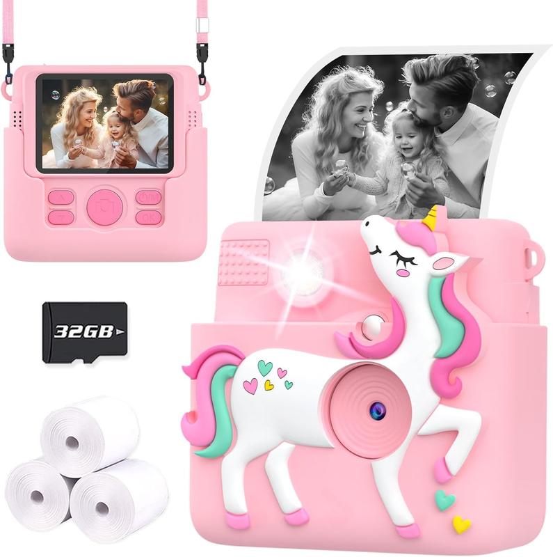 Kids Camera Instant Print, 1080P Cameras for Kids Girls Toys Age 6-8, Christmas Birthday Gift for 7 8 9 10 Year Old Girls, Kids Toys for Girls Age 3-12 with 3 Rolls Paper and a 32G Card-Pink