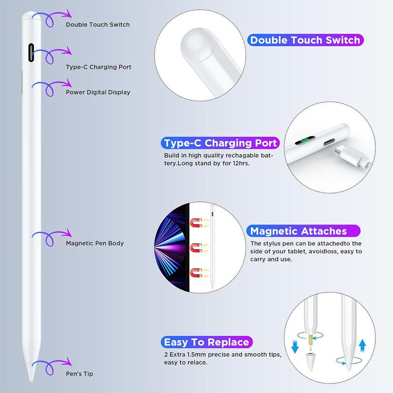 Stylus Pen for Touch Screen Smart Pen Pencil Compatible for iPad, Android Tablet Universal Rechargeable Stylus Pencil Upgrade Palm Rejection Precise Drawing & Writing (White)