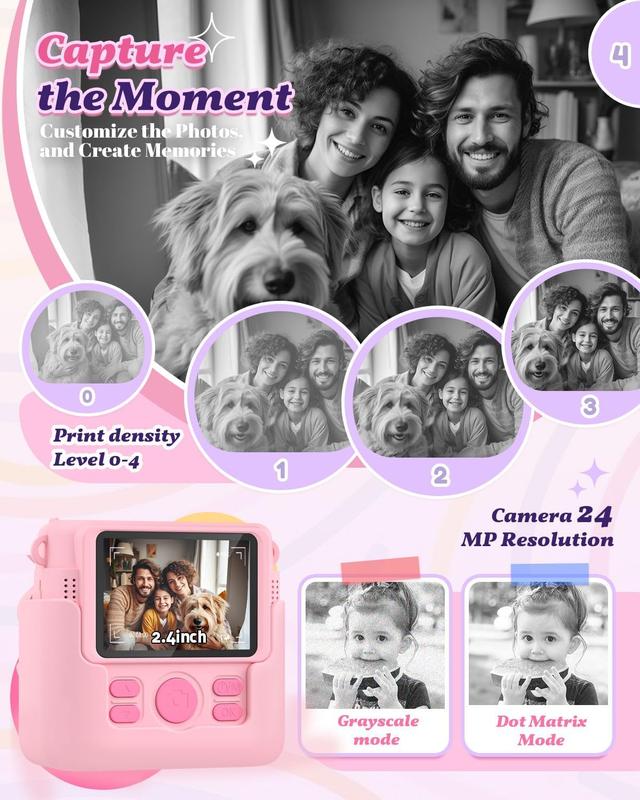 Kids Camera Instant Print, 1080P Cameras for Kids Girls Toys Age 6-8, Christmas Birthday Gift for 7 8 9 10 Year Old Girls, Kids Toys for Girls Age 3-12 with 3 Rolls Paper and a 32G Card-Pink